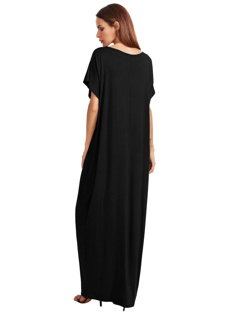 Verdusa Women's Short Sleeve Loose Long Maxi Lounge Dress with Pockets #1 Black Large - Image 2